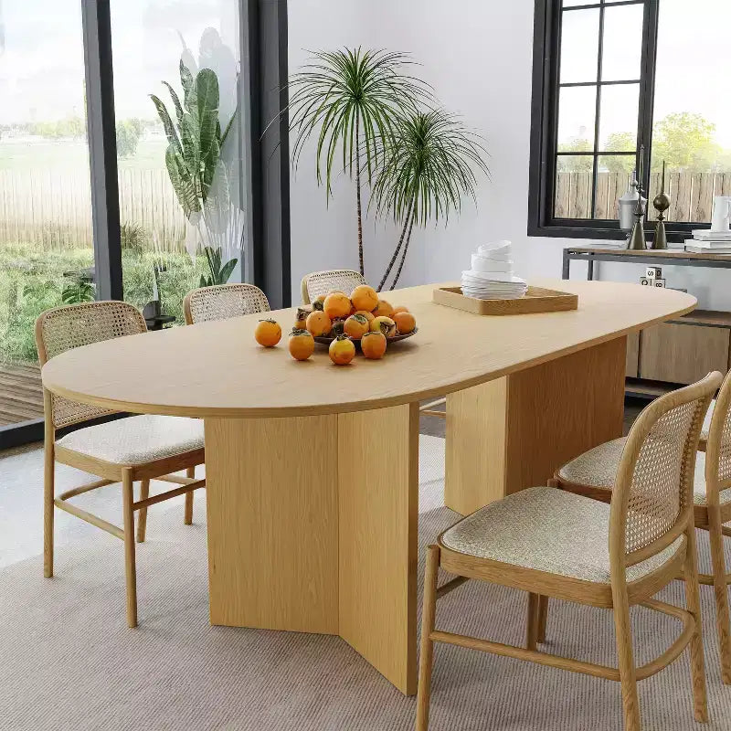 79" Farmhouse Large Oval Dining Table for 6-8 People with V-Shaped Legs, Yellow Wood Grain