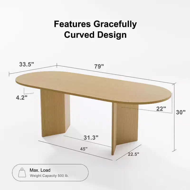 79" Farmhouse Large Oval Dining Table for 6-8 People with V-Shaped Legs, Yellow Wood Grain