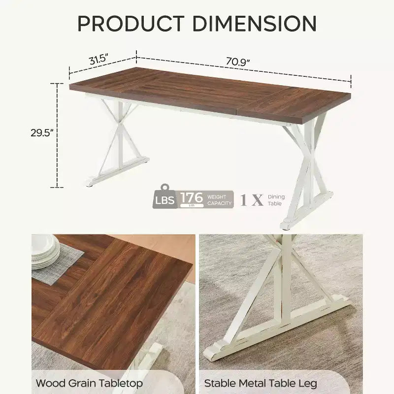 Traditional 6-Person Dining Table with Metal Legs, Grooved MDF Top, Brown & White, 70.87"