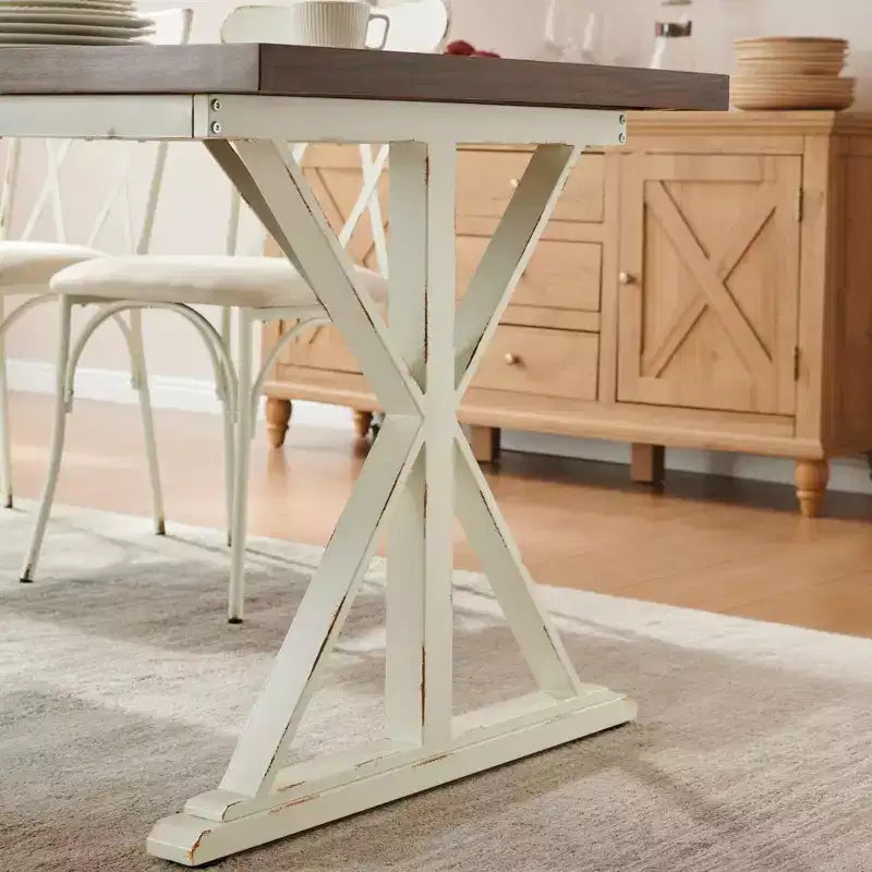Traditional 6-Person Dining Table with Metal Legs, Grooved MDF Top, Brown & White, 70.87"