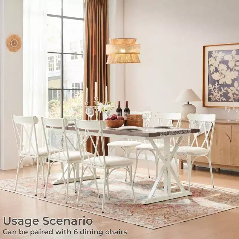 Traditional 6-Person Dining Table with Metal Legs, Grooved MDF Top, Brown & White, 70.87"