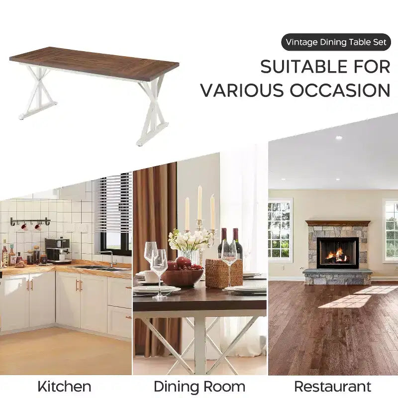 Traditional 6-Person Dining Table with Metal Legs, Grooved MDF Top, Brown & White, 70.87"
