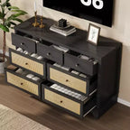 7-Drawer Buffet Cabinet with Rattan Accents, Black Wooden Sideboard for Living Room & Entryway
