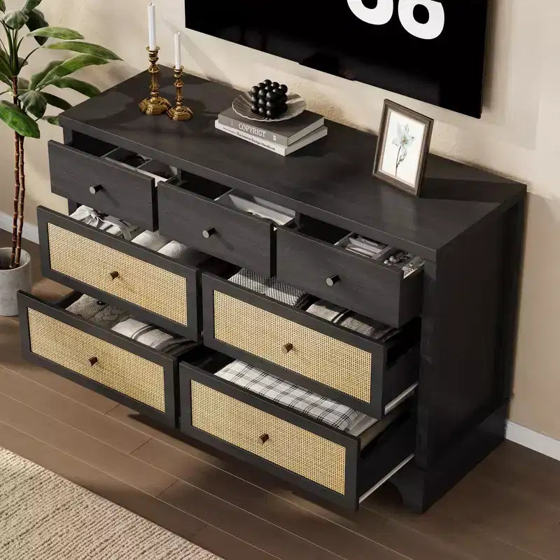 7-Drawer Buffet Cabinet with Rattan Accents, Black Wooden Sideboard for Living Room & Entryway