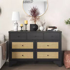 7-Drawer Buffet Cabinet with Rattan Accents, Black Wooden Sideboard for Living Room & Entryway