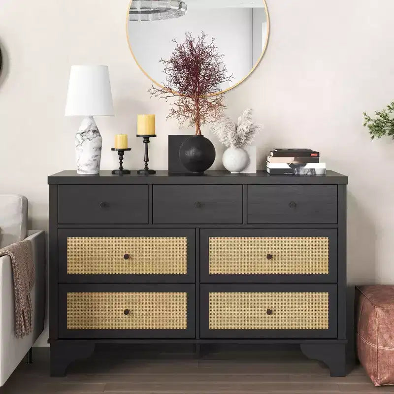 7-Drawer Buffet Cabinet with Rattan Accents, Black Wooden Sideboard for Living Room & Entryway