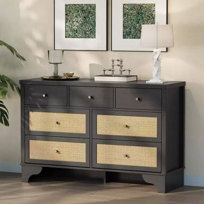 7-Drawer Buffet Cabinet with Rattan Accents, Black Wooden Sideboard for Living Room & Entryway