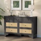 7-Drawer Buffet Cabinet with Rattan Accents, Black Wooden Sideboard for Living Room & Entryway