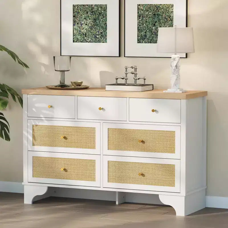 7-Drawer Buffet Cabinet with Rattan Accents, Black Wooden Sideboard for Living Room & Entryway