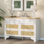 7-Drawer Buffet Cabinet with Rattan Accents, Black Wooden Sideboard for Living Room & Entryway