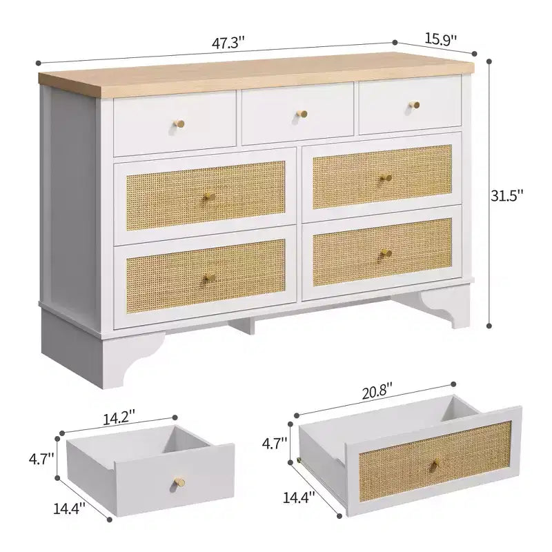 7-Drawer Buffet Cabinet with Rattan Accents, Black Wooden Sideboard for Living Room & Entryway