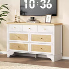 7-Drawer Buffet Cabinet with Rattan Accents, Black Wooden Sideboard for Living Room & Entryway