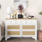 7-Drawer Buffet Cabinet with Rattan Accents, Black Wooden Sideboard for Living Room & Entryway