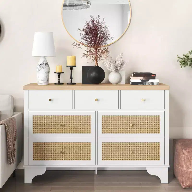 7-Drawer Buffet Cabinet with Rattan Accents, Black Wooden Sideboard for Living Room & Entryway