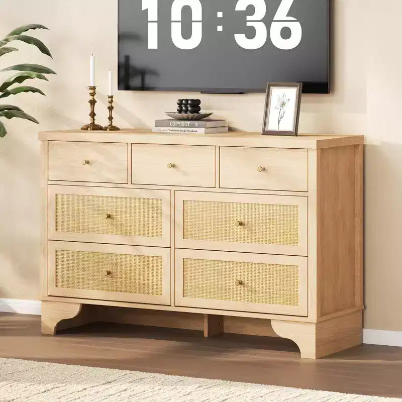 7-Drawer Buffet Cabinet with Rattan Accents, Black Wooden Sideboard for Living Room & Entryway