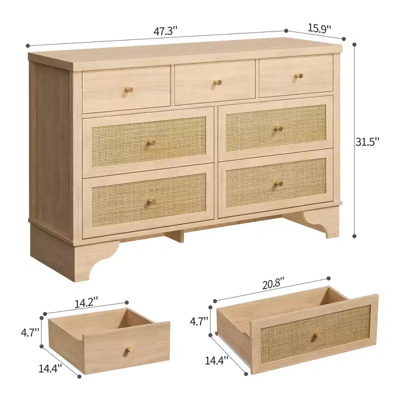 7-Drawer Buffet Cabinet with Rattan Accents, Black Wooden Sideboard for Living Room & Entryway