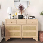 7-Drawer Buffet Cabinet with Rattan Accents, Black Wooden Sideboard for Living Room & Entryway