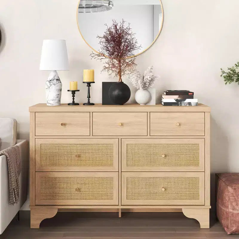 7-Drawer Buffet Cabinet with Rattan Accents, Black Wooden Sideboard for Living Room & Entryway