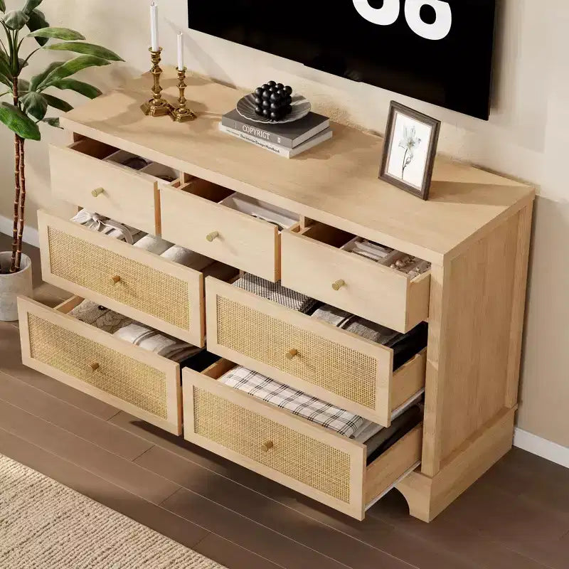 7-Drawer Buffet Cabinet with Rattan Accents, Black Wooden Sideboard for Living Room & Entryway