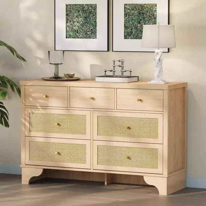 7-Drawer Buffet Cabinet with Rattan Accents, Black Wooden Sideboard for Living Room & Entryway