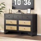 7-Drawer Buffet Cabinet with Rattan Accents, Black Wooden Sideboard for Living Room & Entryway