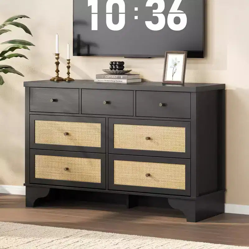 7-Drawer Buffet Cabinet with Rattan Accents, Black Wooden Sideboard for Living Room & Entryway