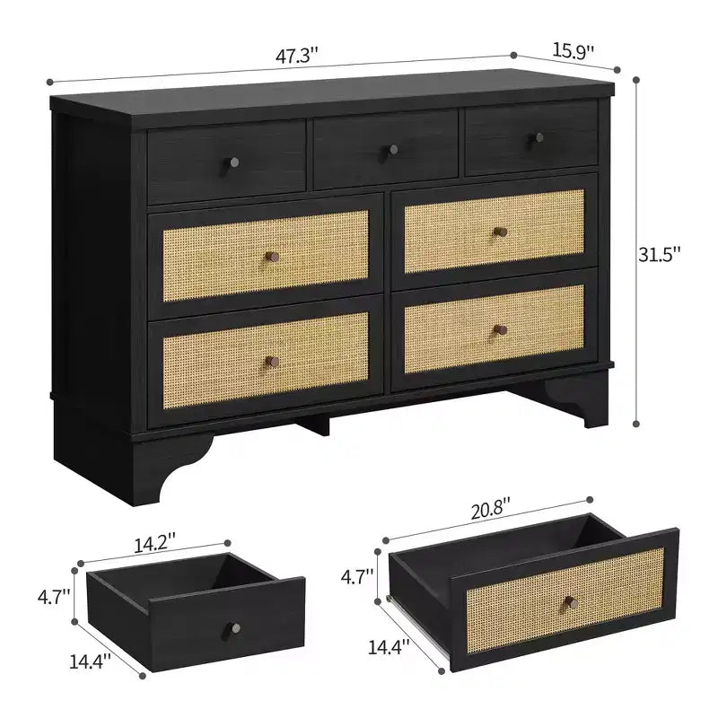7-Drawer Buffet Cabinet with Rattan Accents, Black Wooden Sideboard for Living Room & Entryway