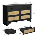 7-Drawer Buffet Cabinet with Rattan Accents, Black Wooden Sideboard for Living Room & Entryway