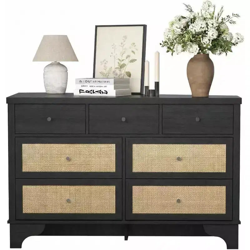 7-Drawer Buffet Cabinet with Rattan Accents, Black Wooden Sideboard for Living Room & Entryway