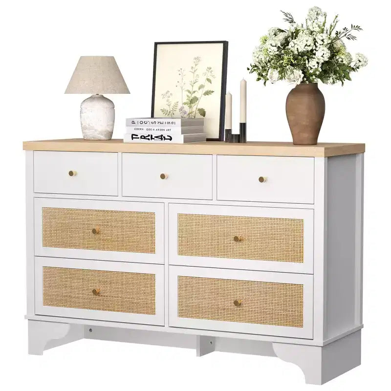 7-Drawer Buffet Cabinet with Rattan Accents, Black Wooden Sideboard for Living Room & Entryway