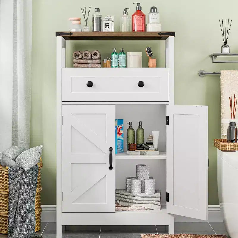 Bathroom Storage Cabinet with Barn Doors, Drawers & Open Shelf, Wood Composite Organizer