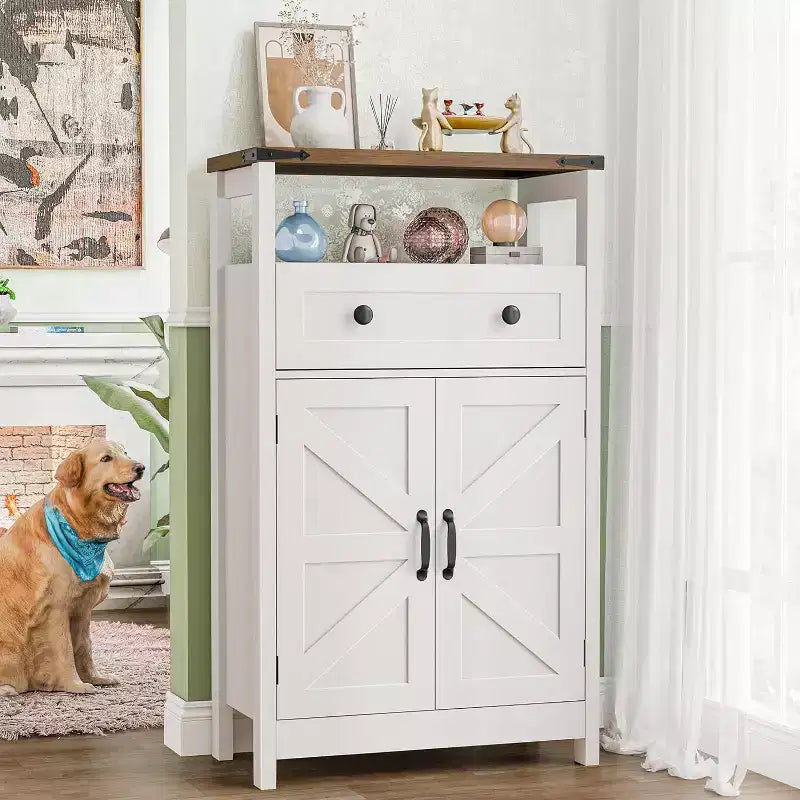 Bathroom Storage Cabinet with Barn Doors, Drawers & Open Shelf, Wood Composite Organizer