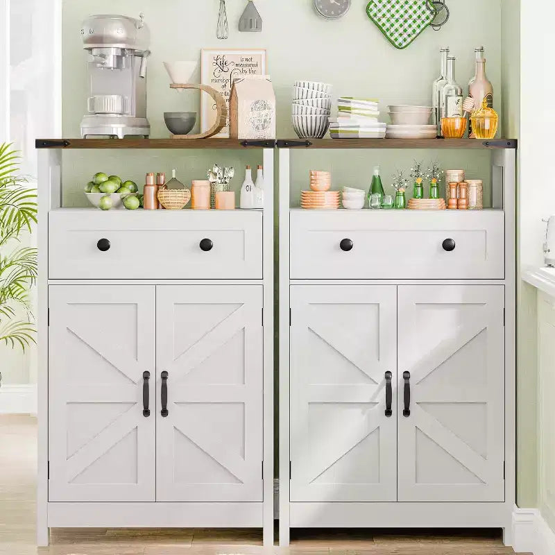 Bathroom Storage Cabinet with Barn Doors, Drawers & Open Shelf, Wood Composite Organizer