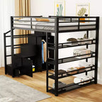 Full Loft Bed with Storage Shelves, Cabinets, Stairs & Wardrobe, Metal Frame for Teens & Adults, Black