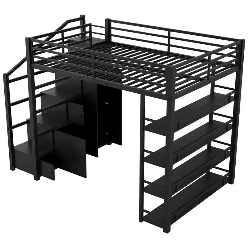 Full Loft Bed with Storage Shelves, Cabinets, Stairs & Wardrobe, Metal Frame for Teens & Adults, Black