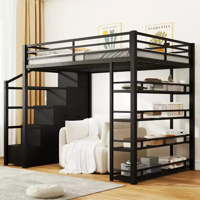 Full Loft Bed with Storage Shelves, Cabinets, Stairs & Wardrobe, Metal Frame for Teens & Adults, Black
