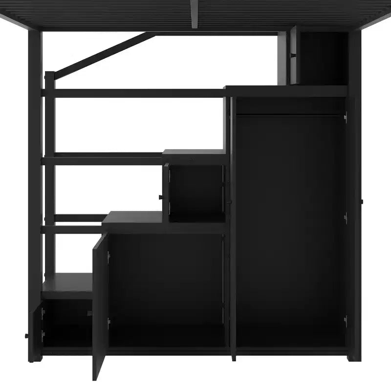 Full Loft Bed with Storage Shelves, Cabinets, Stairs & Wardrobe, Metal Frame for Teens & Adults, Black