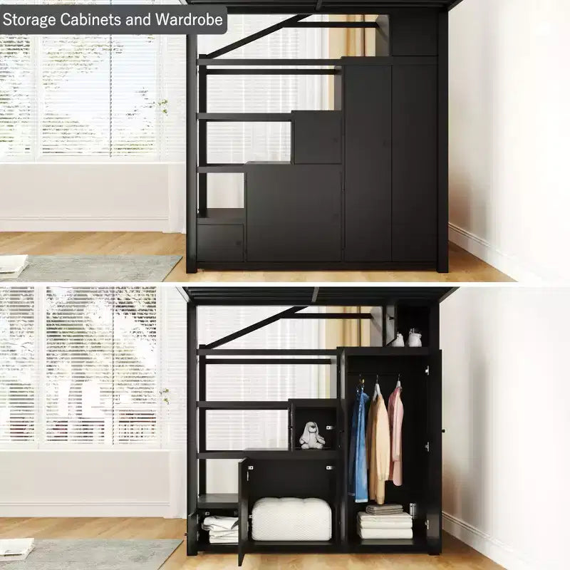 Full Loft Bed with Storage Shelves, Cabinets, Stairs & Wardrobe, Metal Frame for Teens & Adults, Black