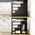 Full Loft Bed with Storage Shelves, Cabinets, Stairs & Wardrobe, Metal Frame for Teens & Adults, Black