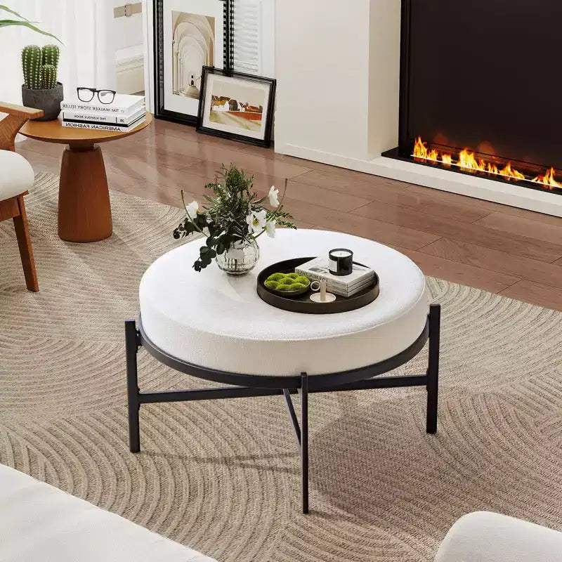 4.5" Round Chenille Storage Ottoman, 3-in-1 Coffee Table & Footrest with Metal Legs, 300 LBS