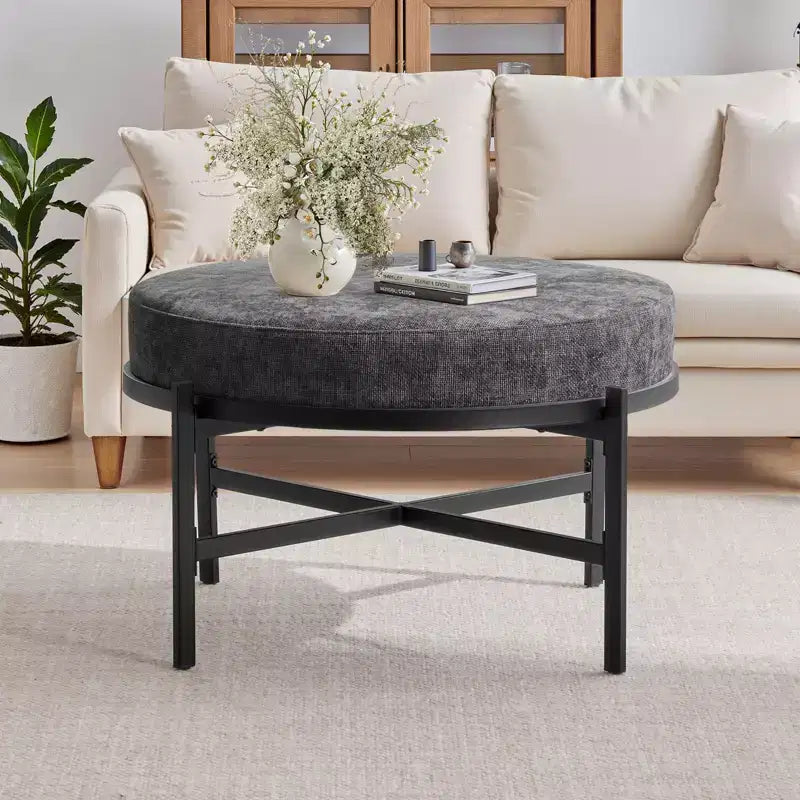 4.5" Round Chenille Storage Ottoman, 3-in-1 Coffee Table & Footrest with Metal Legs, 300 LBS