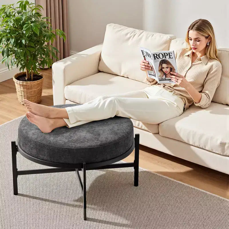 4.5" Round Chenille Storage Ottoman, 3-in-1 Coffee Table & Footrest with Metal Legs, 300 LBS