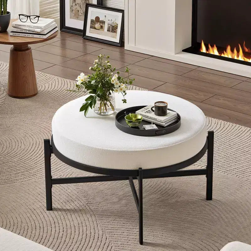 4.5" Round Chenille Storage Ottoman, 3-in-1 Coffee Table & Footrest with Metal Legs, 300 LBS