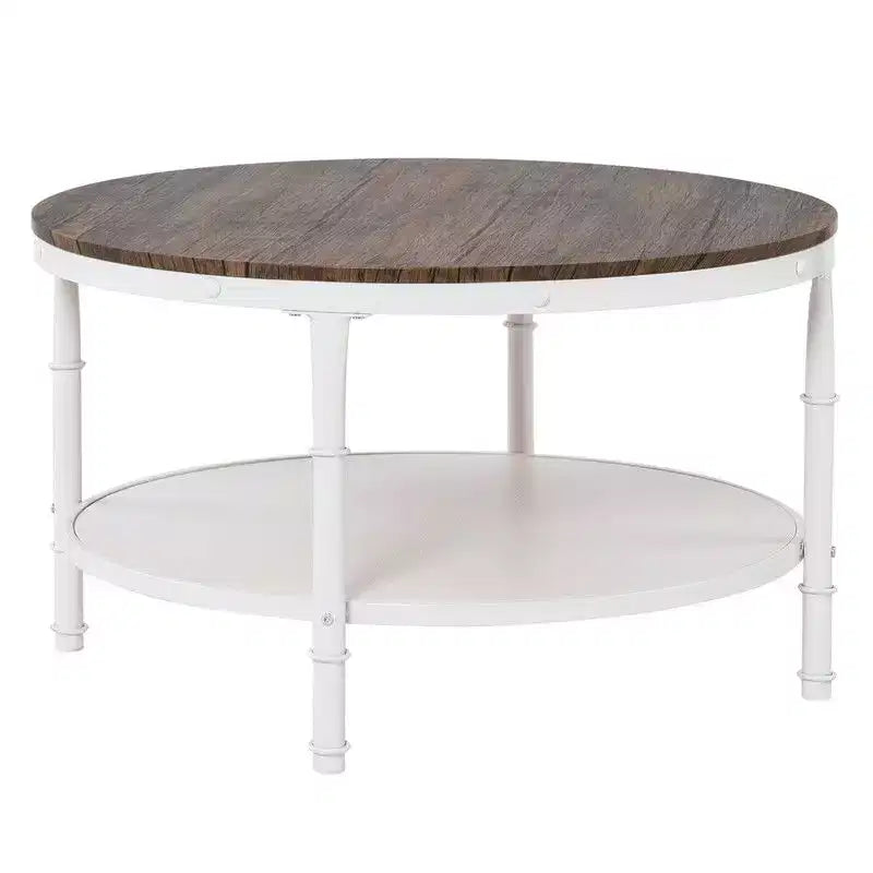 30.71" Double-Layer Round Industrial Coffee Table, Dark Walnut MDF Top & White Wrinkled Iron Frame