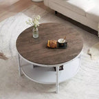 30.71" Double-Layer Round Industrial Coffee Table, Dark Walnut MDF Top & White Wrinkled Iron Frame