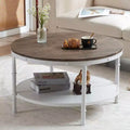 30.71" Double-Layer Round Industrial Coffee Table, Dark Walnut MDF Top & White Wrinkled Iron Frame
