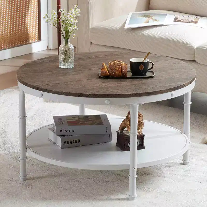 30.71" Double-Layer Round Industrial Coffee Table, Dark Walnut MDF Top & White Wrinkled Iron Frame
