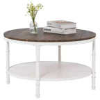 30.71" Double-Layer Round Industrial Coffee Table, Dark Walnut MDF Top & White Wrinkled Iron Frame