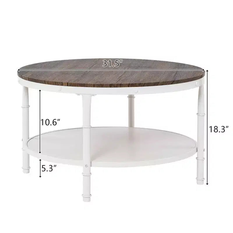 30.71" Double-Layer Round Industrial Coffee Table, Dark Walnut MDF Top & White Wrinkled Iron Frame