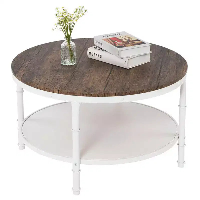 30.71" Double-Layer Round Industrial Coffee Table, Dark Walnut MDF Top & White Wrinkled Iron Frame